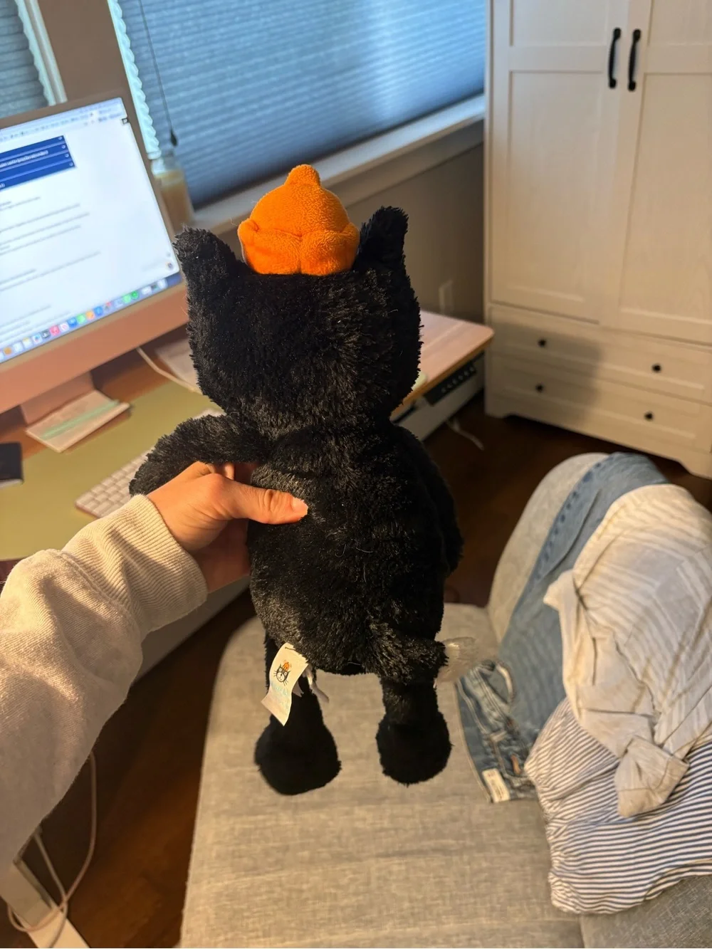 Jellycat Black and Cream Plush Cat with Orange Hat - Picture 4 of 4